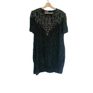 Womans Vintage Silk Beaded Shift short Sleeve Dress Size 2X Black Royal Feelings